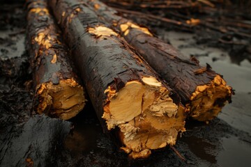 Fototapeta premium Logs Cut from Timber Trees Lying on Wet Ground with Exposed Grain Showing Natural Beauty of Wood Incorporating Dark and Light Wood Textures