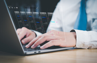 A business professional typing on a laptop with graphic overlays suggesting data analysis or digital processing.