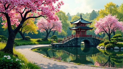 Obraz premium Serene Springtime Garden with Pagoda and Stone Bridge Reflecting in Calm Pond