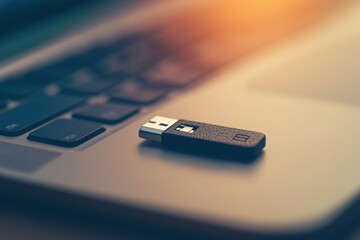 Close-up View of a USB Flash Drive Plugged into a Laptop Keyboard, Showcasing Modern Technology and Data Transfer Capabilities in a Soft Ambient Light Environment