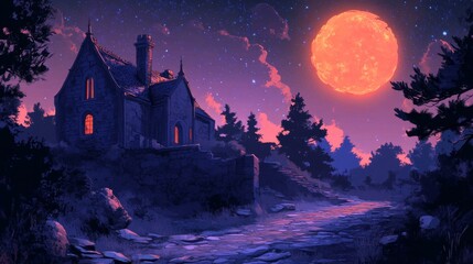 Fototapeta premium Enigmatic Night Scene A Rustic House Under a Crimson Moon