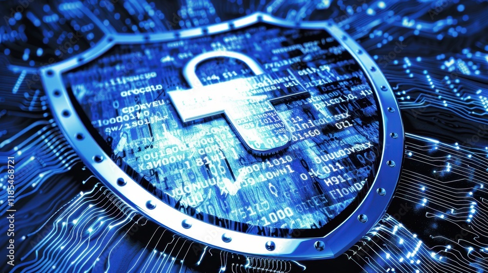 Poster digital shield symbolizing cybersecurity with binary code background, representing protection and sa