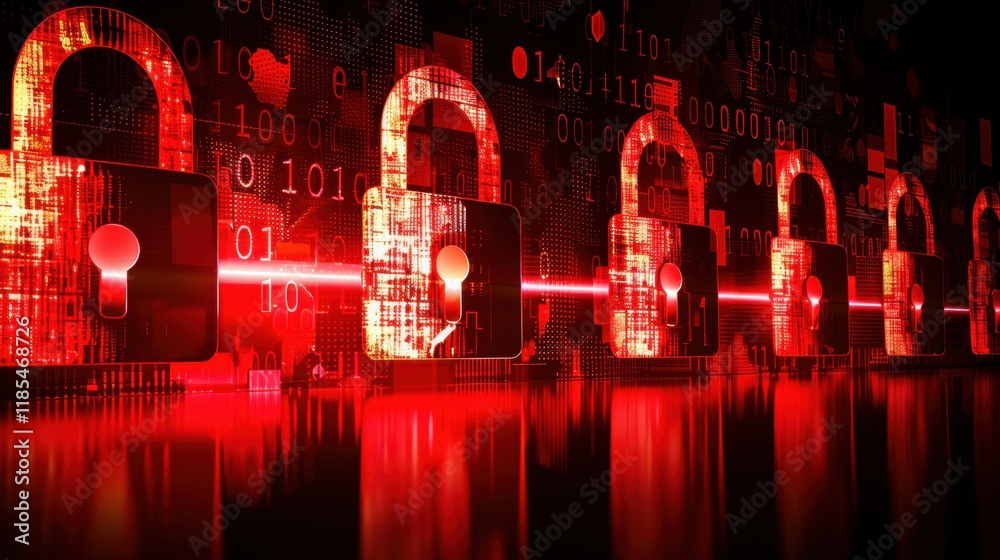 Poster digital locks in red hues symbolize cybersecurity and data protection. vibrant colors and binary cod