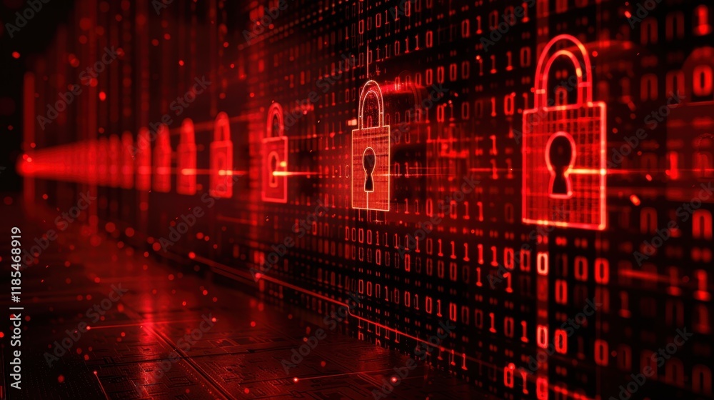 Poster digital background featuring red padlocks and binary code, symbolizing cybersecurity and data protec