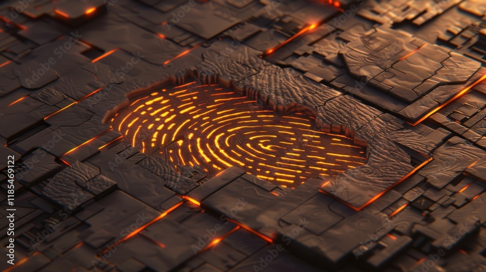 Poster digital fingerprint design on textured surface with glowing elements. intricate patterns and warm li