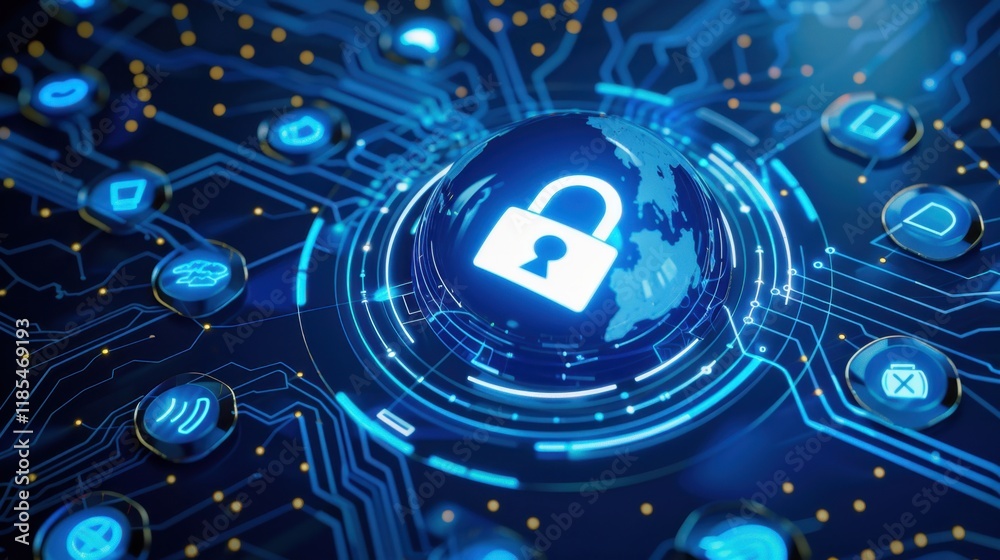 Poster digital globe with padlock symbolizing cybersecurity and data protection. interconnected lines and i