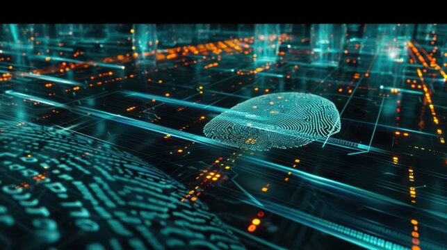 Digital fingerprint on futuristic data network background, showcasing technology and security concepts. vibrant colors and intricate patterns evoke sense of innovation and protection