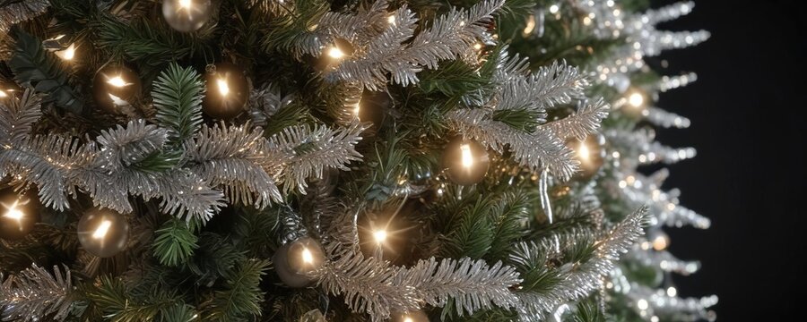 Sparkling silver tinsel garland on top of Christmas tree, metallic, silver tinsel