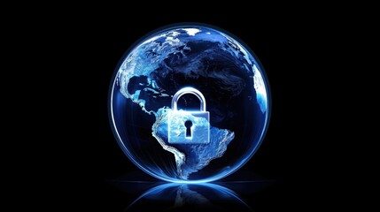 Secure globe with padlock symbolizing global protection and safety. This represents cybersecurity, privacy, and importance of safeguarding information in digital world