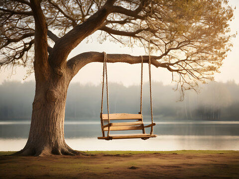 Swing under a tree , wooden swing