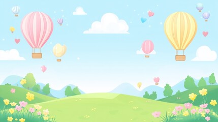 Pastel hot air balloons over a spring meadow landscape