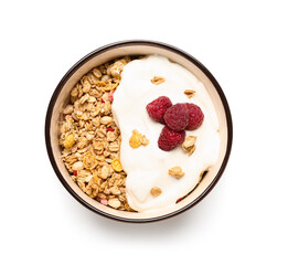 Bowl of tasty granola with yogurt on white background