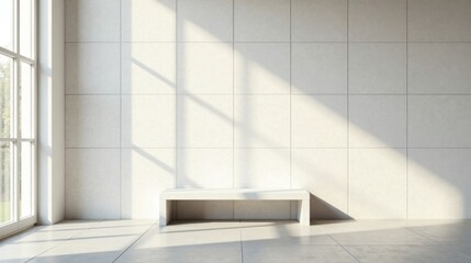 Fototapeta premium Serene Minimalist Interior with Sunlight Illuminating a Bench Against a Tiled Wall