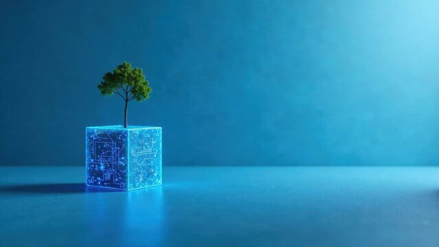 A small tree sprouts from a glowing cube, symbolizing technological advancement and environmental sustainability, a concept representing the future of innovative green solutions