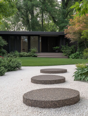 Fototapeta premium Modern Minimalist Garden Path: A serene and minimalist garden design featuring a pathway of circular stepping stones leading to a modern, black-clad home.