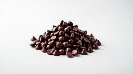 Obraz premium A delectable mound of dark chocolate chips, perfect for baking or snacking, sits against a pristine white background.