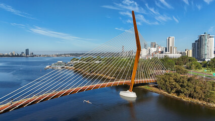 Aerial view of the Koylie (boomerang) section of the Boorloo Bridge in Perth, Western Australia
