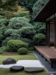 Fototapeta premium Tranquility in a Zen Garden: A serene and minimalist Japanese garden with a wooden deck, lush greenery, and smooth stones. The scene evokes a sense of peace, tranquility, and balance. 