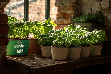 Indoor Garden on Wooden Table with Fresh Green Plants
