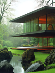 Serene Modern Villa: A minimalist architectural marvel nestled amidst lush greenery and tranquil water.  Large glass windows offer breathtaking views of the serene landscape. 