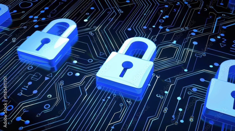 Poster digital locks on circuit board background symbolize cybersecurity and data protection. this conveys 