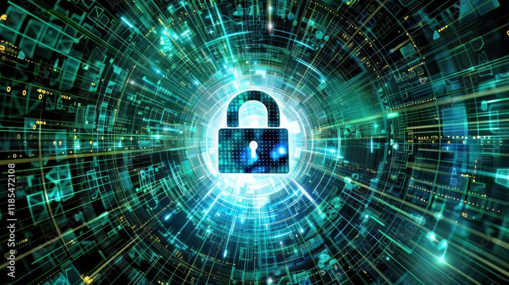 Poster digital lock symbolizing cybersecurity and data protection in futuristic setting. vibrant colors and