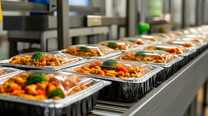 A production line of freshly prepared meal containers showcases vibrant, healthy dishes, ready for distribution.