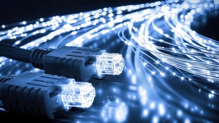 High speed fiber optic cables with glowing light strands, representing advanced technology and connectivity. Ideal for illustrating data transmission and communication