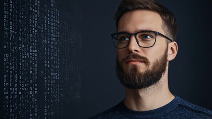A focused man with glasses stands against a dark backdrop filled with binary code, evoking themes of technology and data.