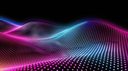 Colorful digital waves with glowing dots create vibrant abstract background, showcasing blend of pink, blue, and purple hues that evoke sense of movement and energy