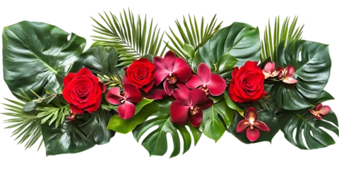 Fotobehang Tropical floral arrangements, vibrant red roses, turquoise orchids isolated on transparent background © AYESHA