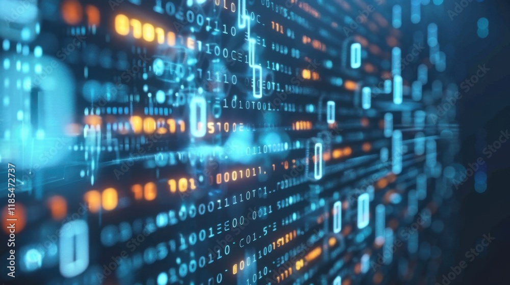 Poster digital data streams with binary code in blue and orange hues create futuristic atmosphere. this abs