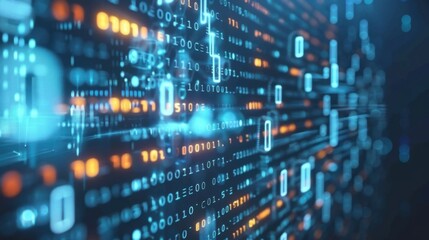 Fototapeta premium Digital data streams with binary code in blue and orange hues create futuristic atmosphere. This abstract representation symbolizes technology and information flow