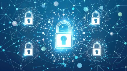 Secure digital locks connected by network of nodes symbolize cybersecurity and data protection. This represents importance of safeguarding information in digital landscape