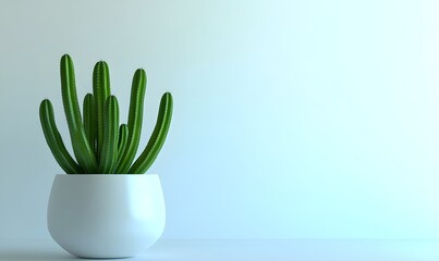 Green cactus in a white pot against a light blue wall.