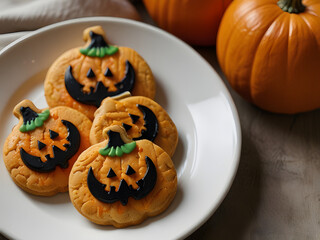 halloween pumpkin cookies on a white plate