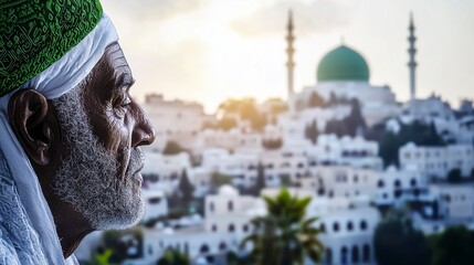 Muslim Man Contemplating Mosque  Islamic Cityscape  Faith  Religion  Spirituality