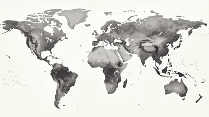 A grayscale world map depicting global patterns with subtle shading variations indicating density or distribution, a visual representation of worldwide data