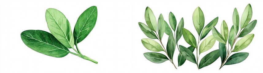 Plant-Based Cuisine with Seasonal Herbs for Vegan Living concept. Fresh green leaves on a white background