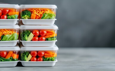 Colorful meal prep containers stacked with fresh vegetables, including tomatoes, carrots, and broccoli, on a gray background.