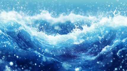 Fototapeta premium Bluewater waves on the surface ripples blurred. Defocus blurred transparent blue colored clear calm water surface texture with splash and bubbles. Water waves with shining pattern texture background.