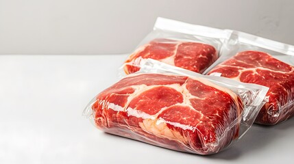 Vacuum-sealed packages of red meat, showcasing marbled cuts, ready for preservation and cooking.