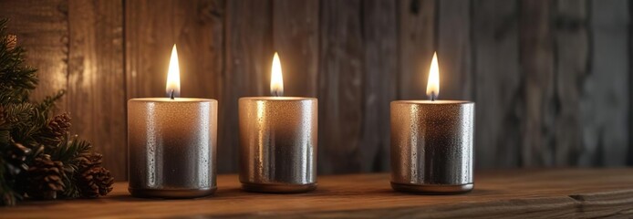 Candles in mercury glass holders on a wooden mantel, winter decor, mantel