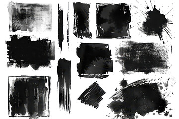 collection of black paint brush strokes or ink splatters on isolated background