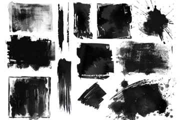 collection of black paint brush strokes or ink splatters on isolated background