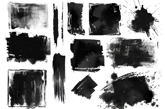 collection of black paint brush strokes or ink splatters on isolated background