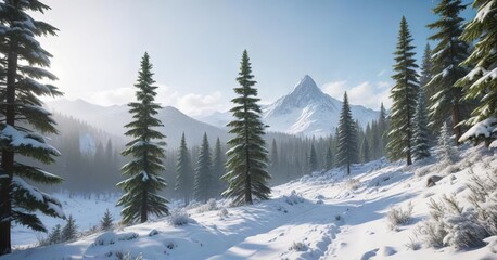 Frosty valley with towering evergreen trees blanketed in thick layer of white snow, snowy woods, white snow, natural wonder