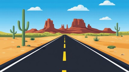 A flat cartoon vector illustration of an American desert road with cacti and rock formations in the background, featuring a simple, minimalist style with smooth gradients, flat colors, and flat shadin