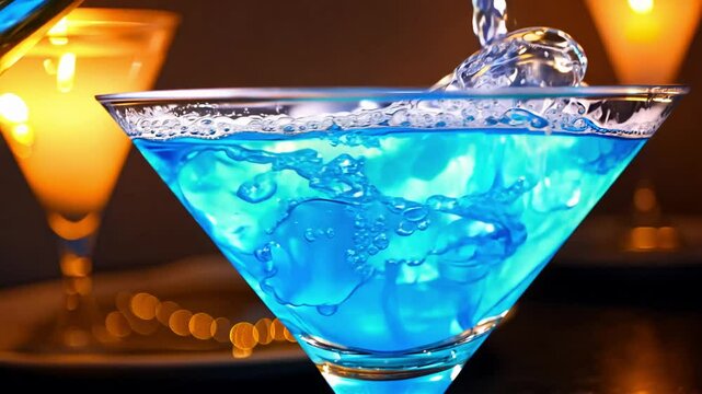 Overhead video of iridescent blue cocktail being poured into hurricane glass with decorative garnish, dark surface, venetian lighting