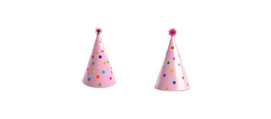 3D illustration of a cute pink birthday hat with colorful polka dots on a white background